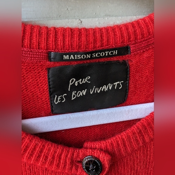 POUR LES BON VIVANTS Red Maison Scotch Knit Cardigan Sweater Size Small P'tite - Picture 2 of 5